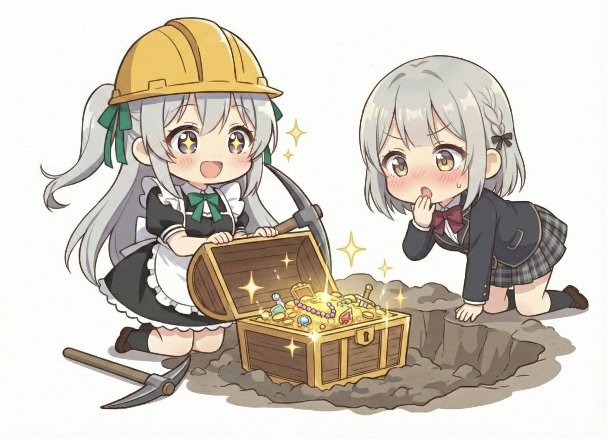 宝箱を発見したシフォンちゃんとチョコ